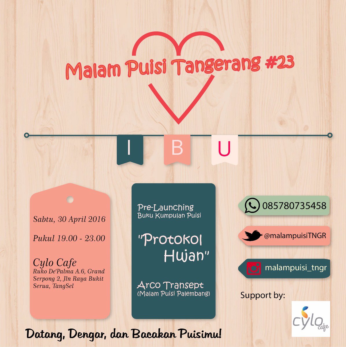 roeang_kata's tweet photo. MALAM INI !!!
Datang Dengar dan Bacakan Puisimu!
@CyloCafe Pukul 19.00 #Ibu https://t.co/6V35YuQckh