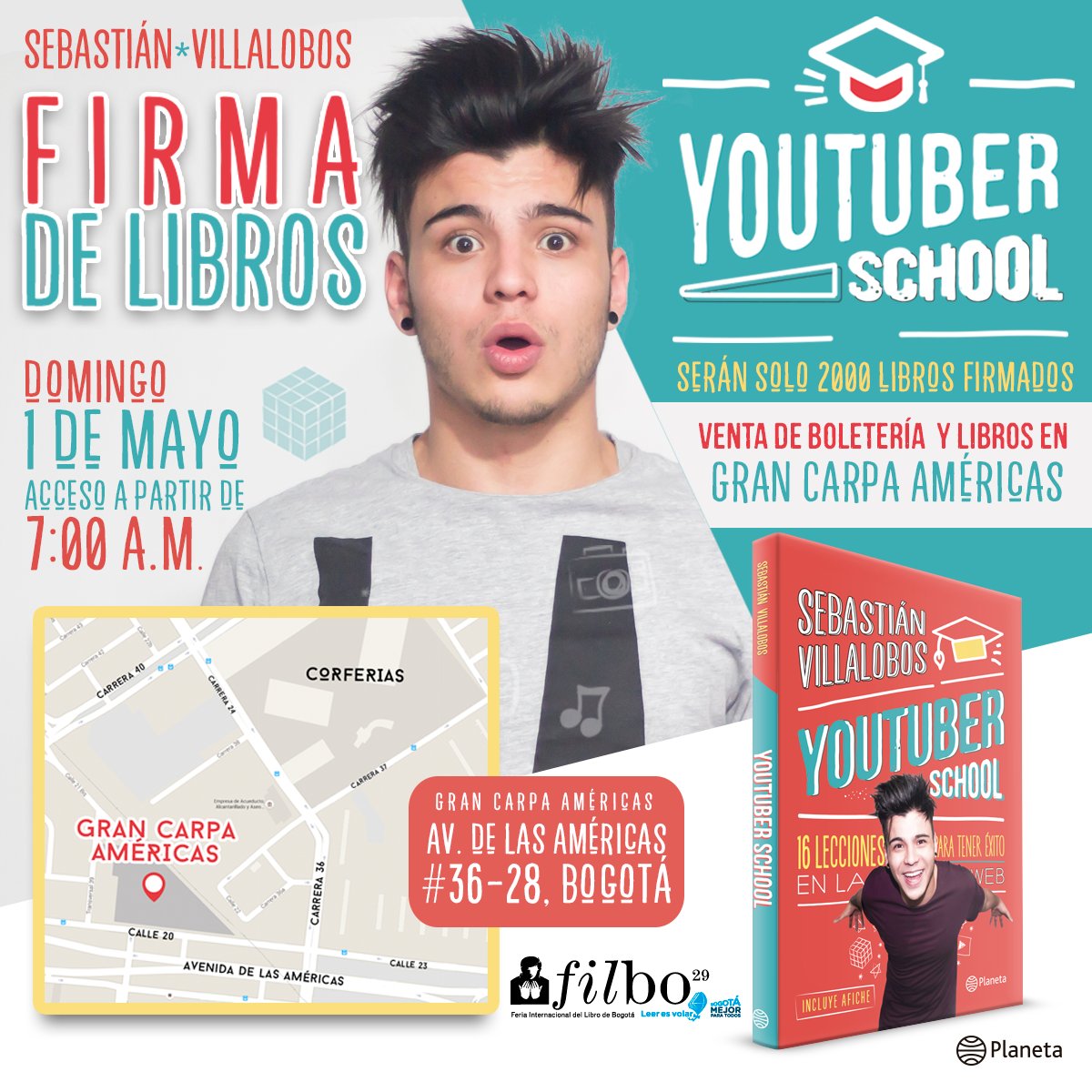 PlanetaLibrosCo's tweet photo. #FirmaDeLibros #YoutuberSchool @villalobossebas  #FILBo2016 Dom. 1 Mayo en La Gran Carpa Américas https://t.co/egXGK4x1by