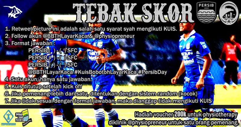 [RETWEET]
KUIS TEBAK SKOR
Follow <a href="/BBTHLayarKaca/">Bobotoh Layar Kaca</a> &amp; <a href="/physiopreneur/">Sport Physio Clinic</a> 
 #KuisBobotohLayarKaca #PersibDay