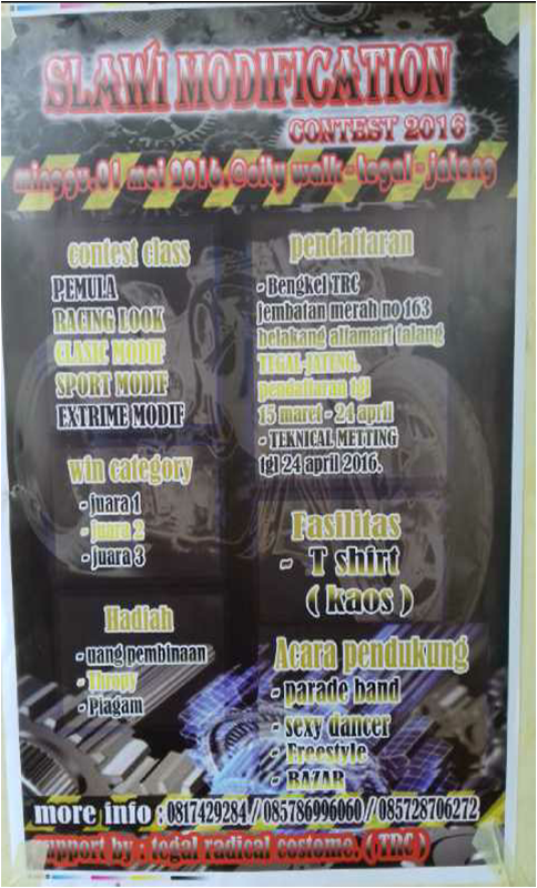 Saksikan Event Slawi Modofication Contest 2016
30 April - 01 Mei 2016 di Adiwerna City Walk
Seru &amp; menginspirasi...