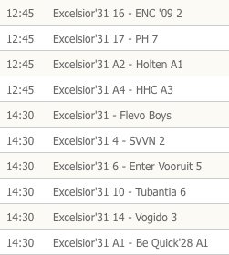 THUIS vanmiddag o.a. <a href="/Excelsior31vier/">Excelsior'31 4</a> - <a href="/vvSVVN/">vv S.V.V.N nijverdal</a> 2, Exc. A4 - <a href="/HHCHardenberg/">HHC Hardenberg</a> A3, Exc. 17 - <a href="/phalmelo/">⚽️ PH Almelo</a> 7 …