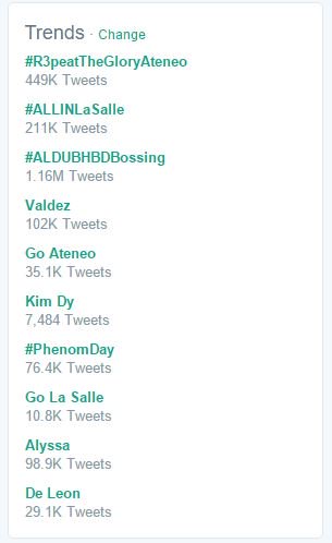 vbaficionado's tweet photo. All trends, save for one, is about Game 3. Thank you, DLSU and ADMU!!! #UAAPSeason78Volleyball https://t.co/MUtyWsN7K5