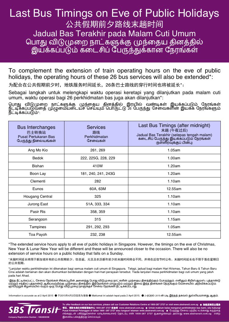 The operating hours of selected bus services will be extended on the eve of Labour Day, 30 April 2016
