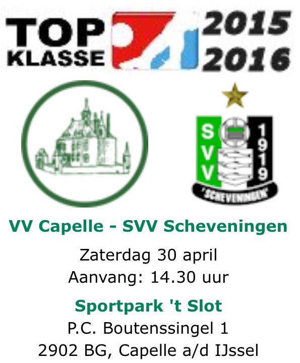 SchevZAT1's tweet photo. Capelle-Scheveningen
Vanmiddag 14.30u
Sportpark 't Slot
P.C. Boutenssingel 1
Capelle a/d IJssel #capsch #topklasse https://t.co/XYRkTIOSU0