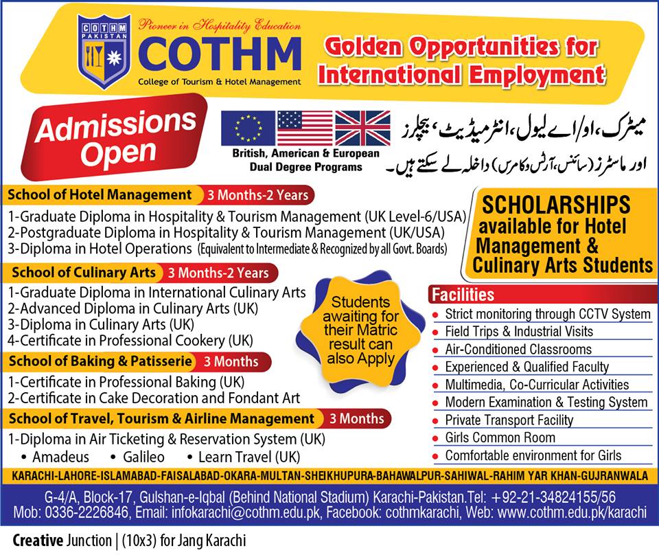cothmkhi's tweet photo. Few seats are available for the upcoming morning sessions of Culinary Arts and Hotel Management diploma courses. https://t.co/FaiJGEvNNZ