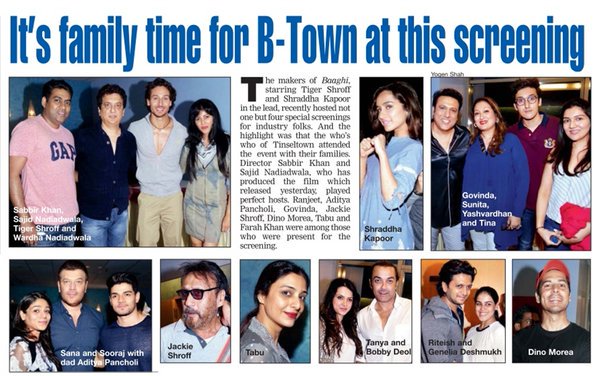 ShraddhaxDaily's tweet photo. [PRINT] 'Its family time for B-Town at this screening' #Baaghi https://t.co/5B0dmQcwiA