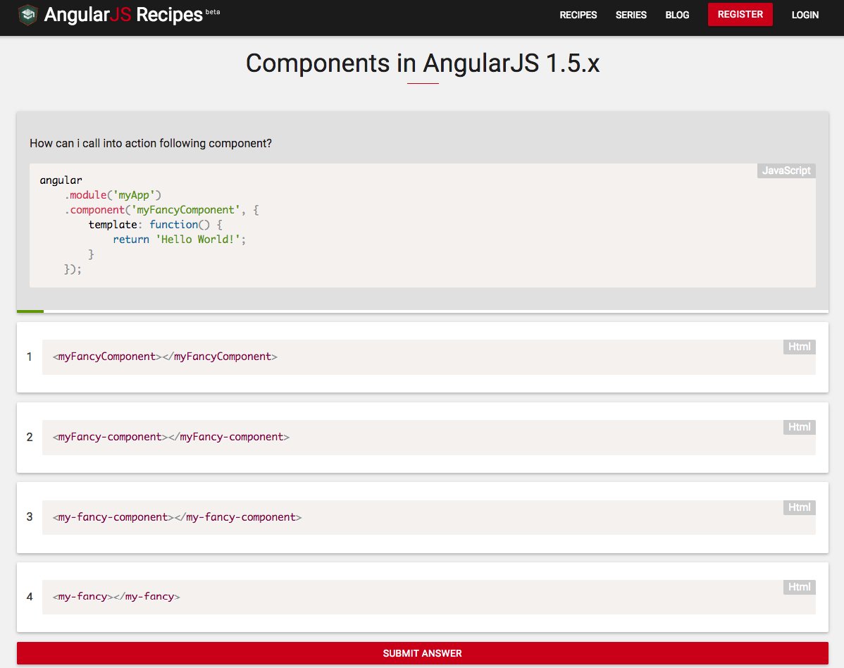 angular_recipes's tweet image. How strong #AngularJS developer you are then? New tests feature will be live on next Monday. Have a quick look!!!