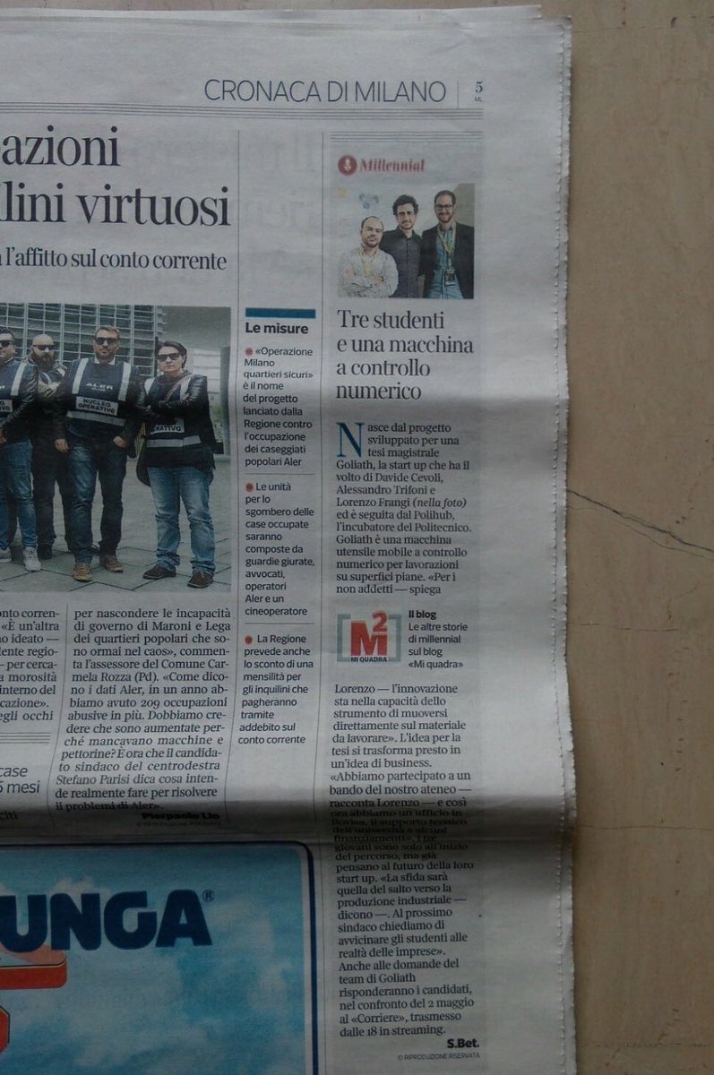 lorenzofrangi's tweet photo. Oggi così! #springa e #goliath su @corrieremilano #miquadra #goliathcnc @Polihub segnalazione by @MichiPaindelli https://t.co/CyPplzg16U