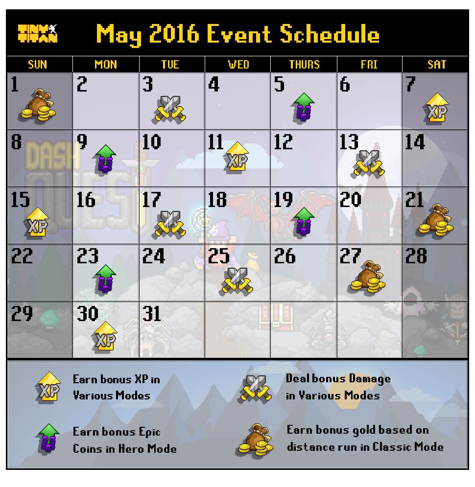 TinyTitanGames's tweet image. You asked for a #DashQuest event calendar? Here you go! Here's a look at what's coming up in May. #gamedev #indiedev