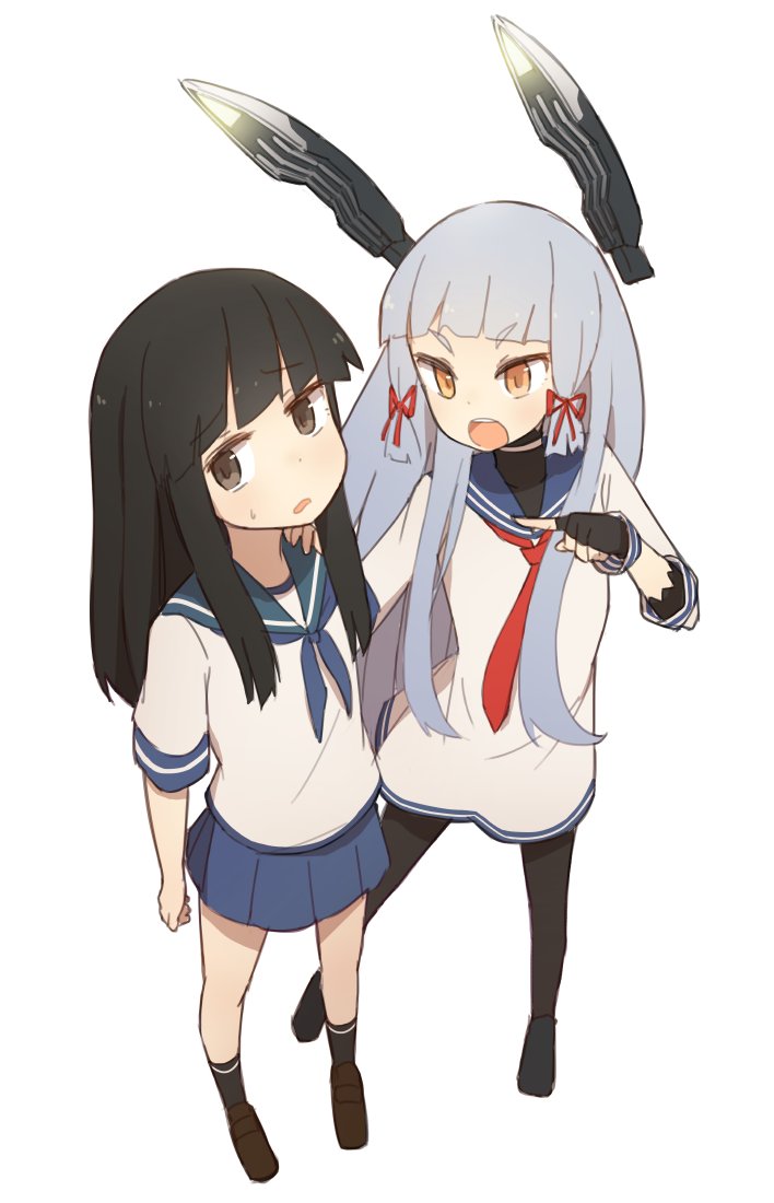 hatsuyuki (kancolle) ,murakumo (kancolle) multiple girls 2girls long hair school uniform black hair pantyhose serafuku  illustration images