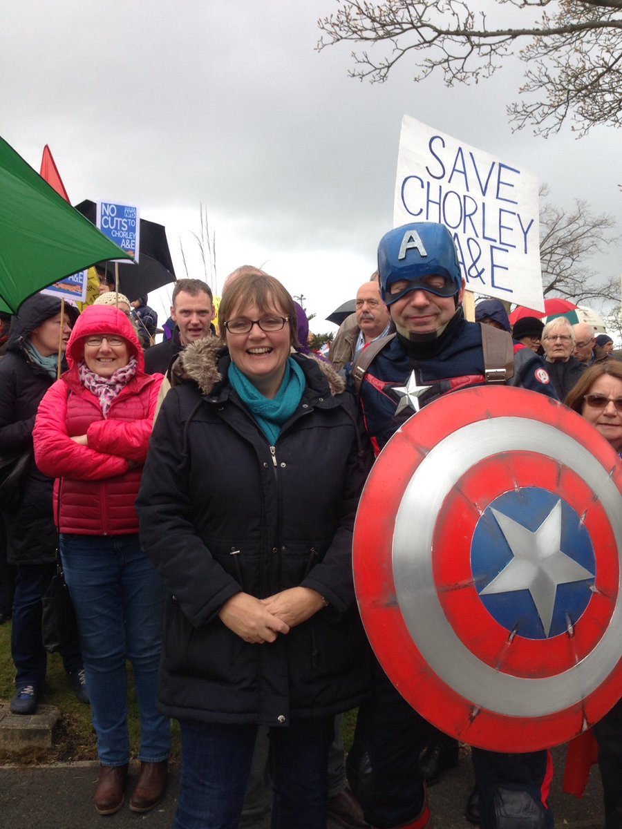 ChorleyLabour's tweet photo. Local superheroes support #savechorleyAandE 

(Also featured: Captain America) 
#labourdoorstep 
#ProtestersAssemble https://t.co/fppvX1tUby