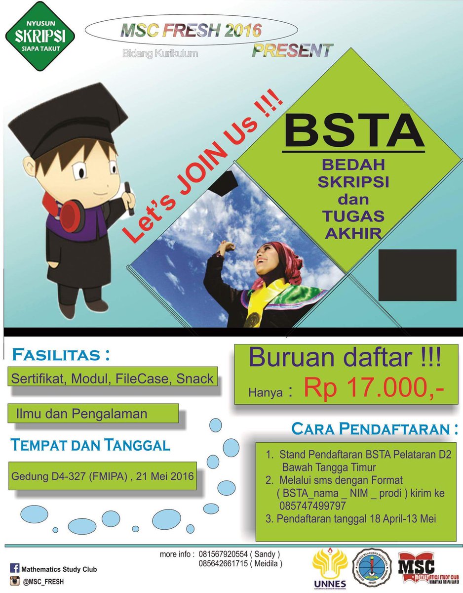MSC_Unnes's tweet photo. Untuk kamu mahasiswa matematika Unnes
|MSC FRESH 2016 PROUDLY PRESENT|
BSTA 2016 , segera daftarkan dirimu :) https://t.co/zvJtbhHyx8