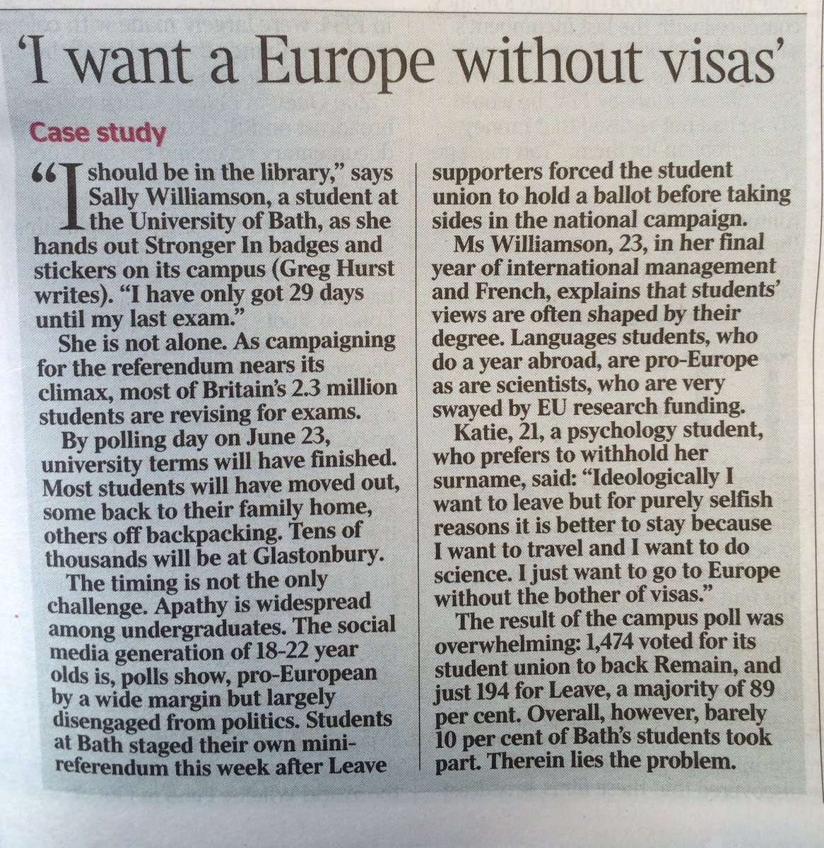 benhowlettuk's tweet photo. Very pleased @UniofBath @BathSU voted by a landslide to remain in EU this week via @thetimes - students must vote! https://t.co/6P659Pg0ir