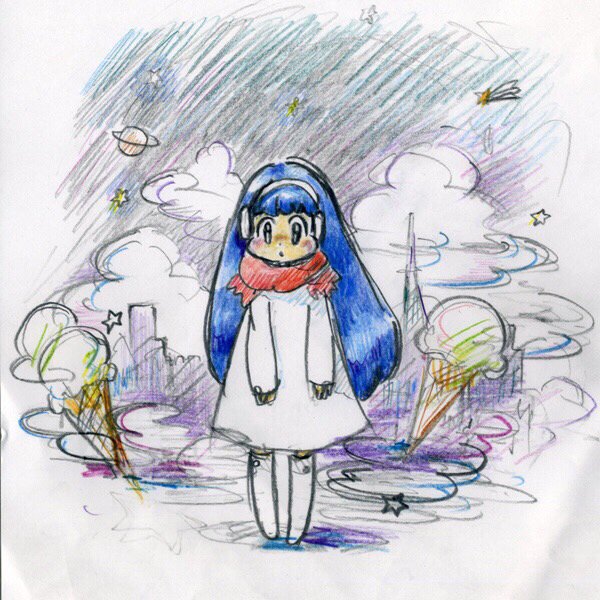HerGhostFriend's tweet photo. またまたなつかしいスケッチ☆ 「アイスプラネット」MVの女の子。おのしのぶのラフと、それをもとにsankakuさんがおこしてくれた絵だよ☆ これらもとにつくられたMVがこちら！▷ https://t.co/ast6oWvEy7 https://t.co/AmzpAd5AqA