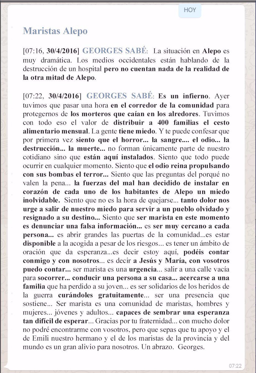 Brutal testimonio del H. Georges Sabé en mitad de los bombardeos. ¡Nuestra solidaridad! <a href="/MaristesAleppo/">Maristes Alep</a>