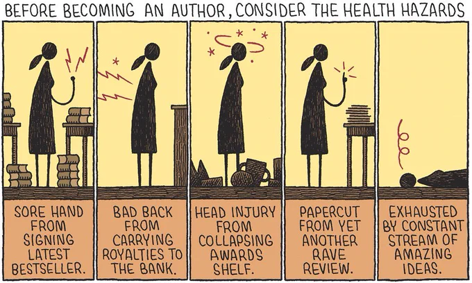 Tom Gauld on author health hazards – cartoon https://t.co/F0XJ11zz11  @GuardianBooks 
