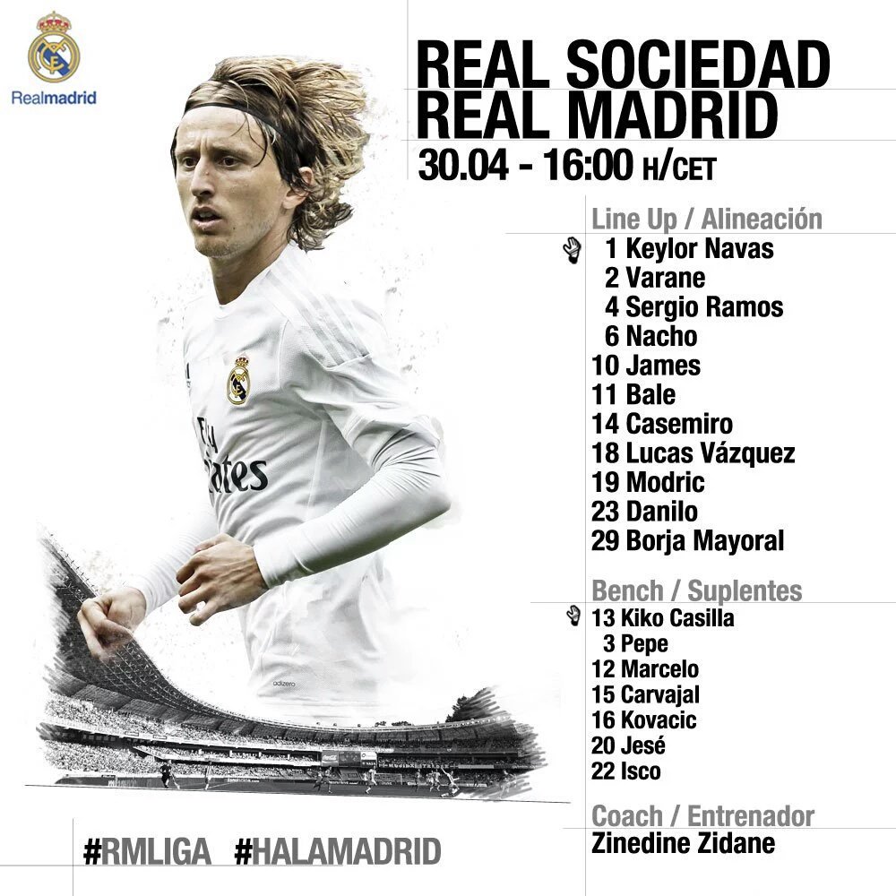 Madrid_Indo's tweet image. Here's Real Madrid starting line-up to face Sociedad. ⚽📝

#RMLiga #HalaMadrid