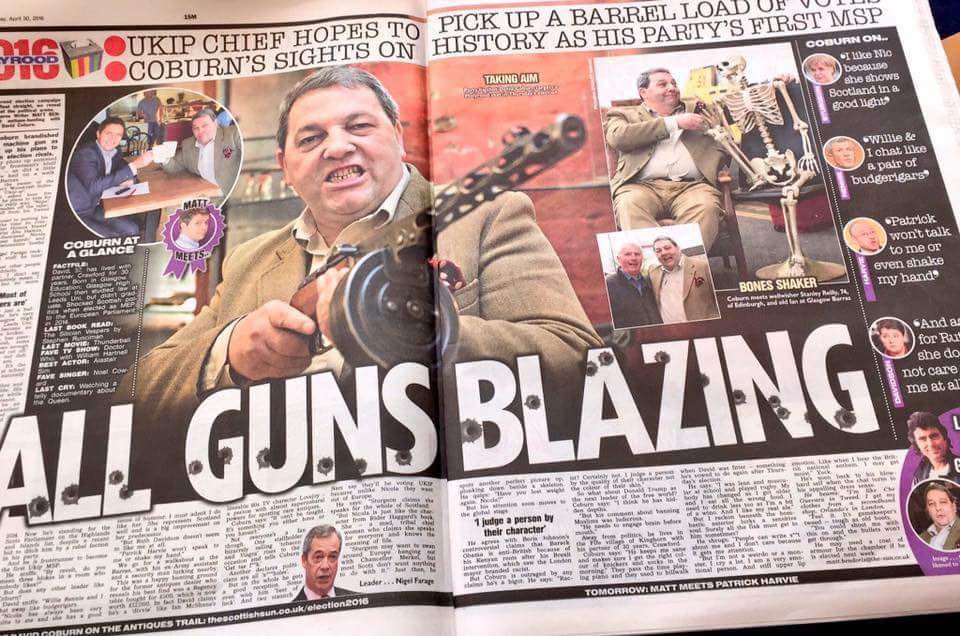 UKIP's tweet photo. Double page spread in the @ScottishSun with @DavidCoburnUKip. All guns blazing! #UKIP2016 https://t.co/SYTlTOlVs9
