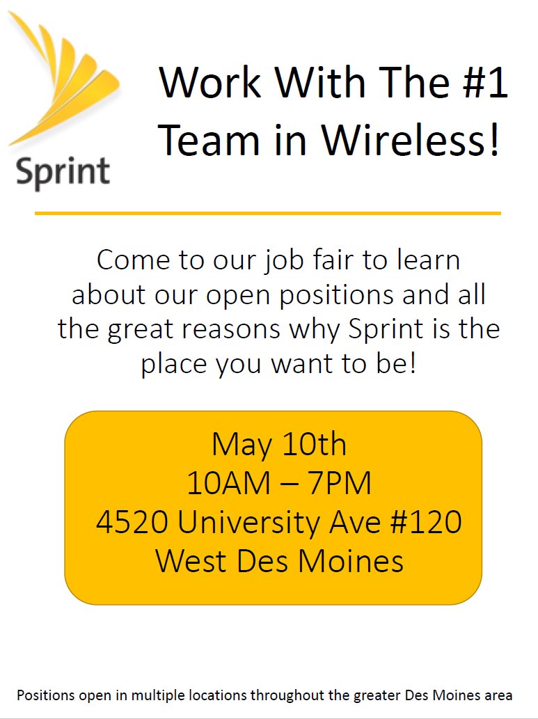 ensorj's tweet photo. Work with the #1 team in Wireless!
Job Fair: 4520 University Ave STE 120 West Des Moines, IA 50266 May 10th 10am-7pm https://t.co/mFV6spbkW1