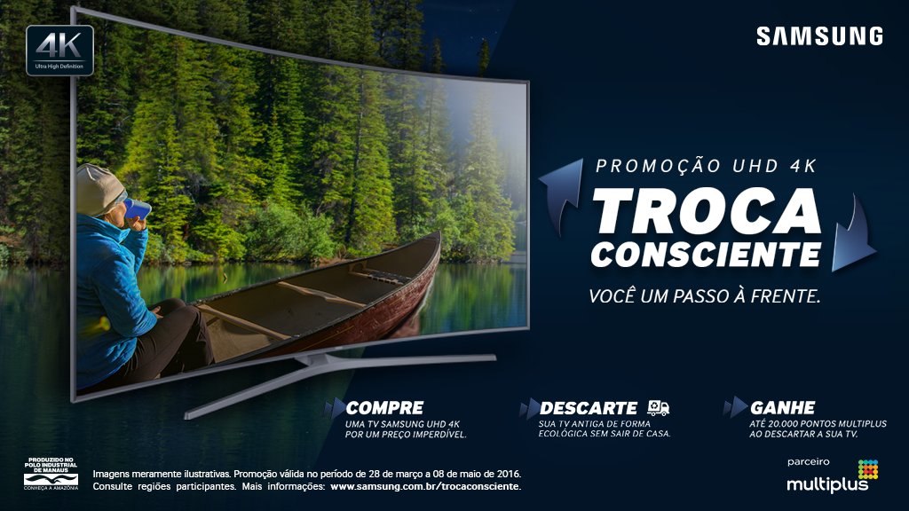 SamsungBrasil's tweet photo. Que tal ganhar 20 mil pontos Multiplus pelo descarte da sua TV antiga? #TrocaConsciente https://t.co/WgpnN0TtdC https://t.co/OI20BWiKLF