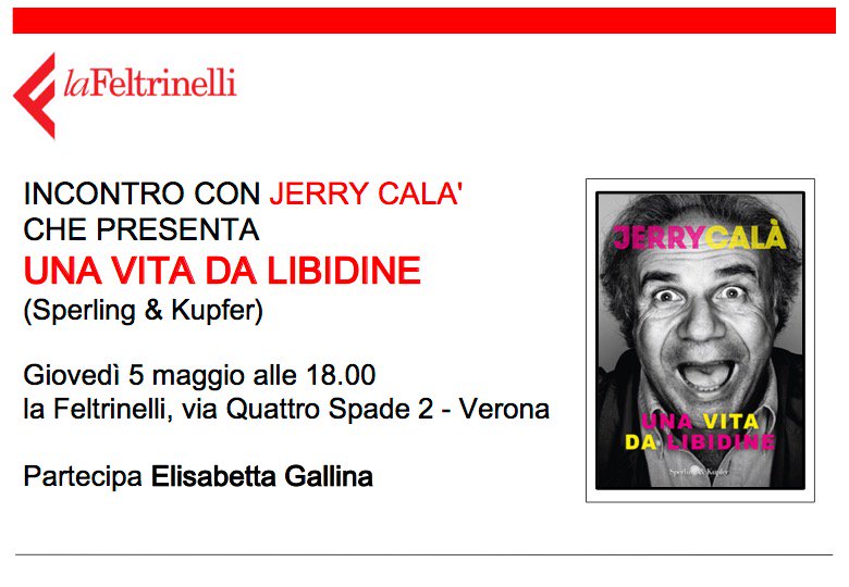 <a href="/GallaVerona/">Elisabetta Gallina</a> ci vediamo a Verona il 7 per presentare il libro #unvavitadalibidine il libro di <a href="/JerryCala/">Jerry Cala' Official</a> #ocio