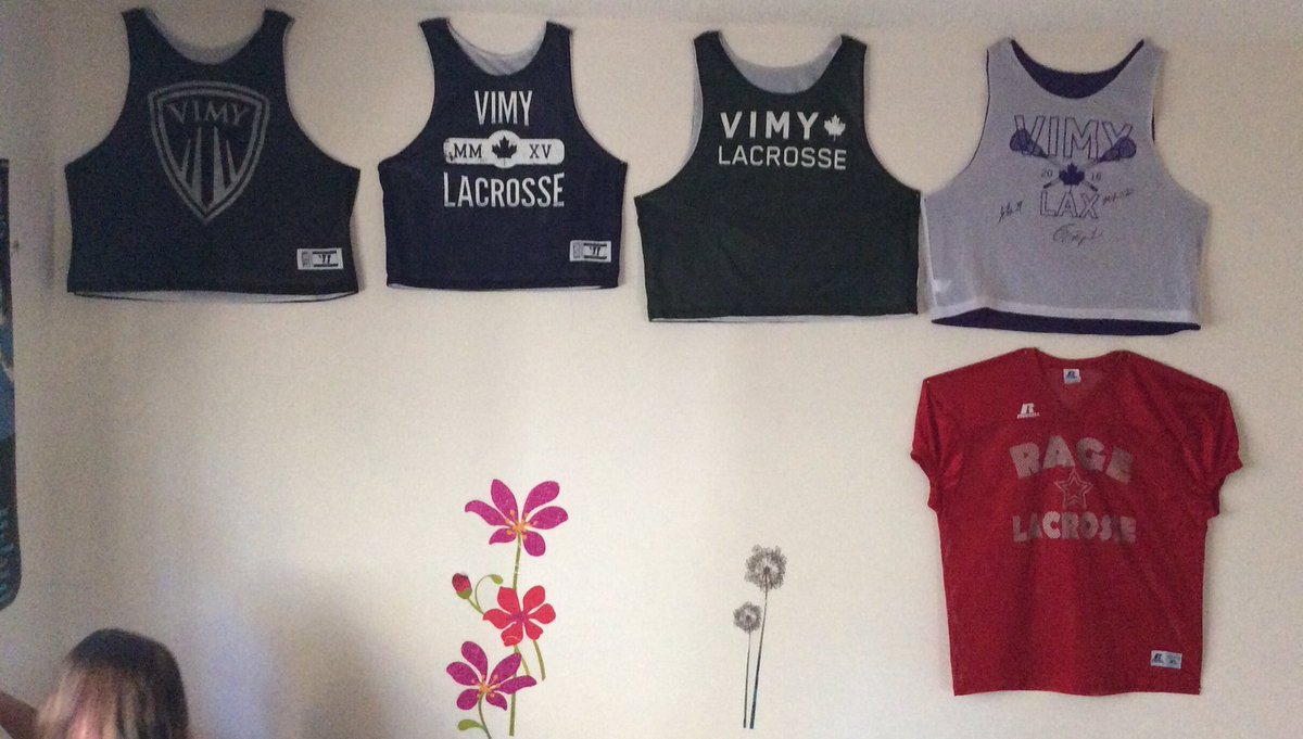 HuffGinger's tweet photo. Hung my collection of #Vimy #Lacrosse Pinnies in my room since I began in November 2014. #honour #timeflies #laxon https://t.co/Nr0i9PFYqk
