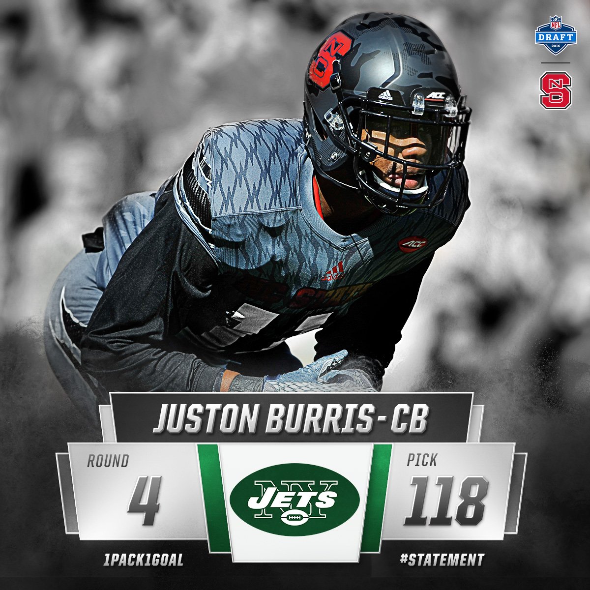 PackFootball's tweet photo. Congrats @JDOTBurris11, our newest #PackPro selected by the #Jets! #NFLDraft #STATEMENT https://t.co/QansM4oDkE
