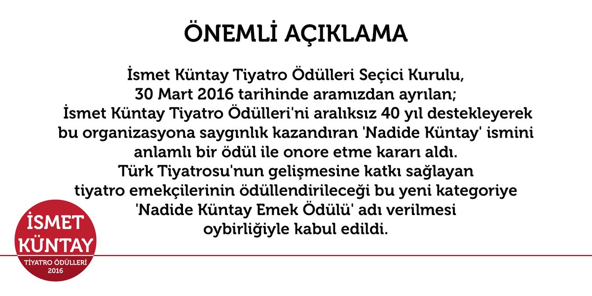ÖNEMLİ AÇIKLAMA
'NADİDE KÜNTAY EMEK ÖDÜLÜ'