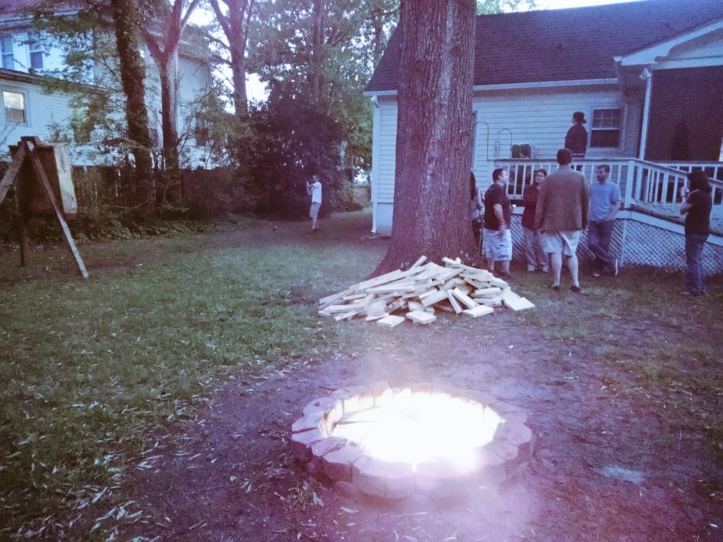 Friends, bonfire, axe throwing, and beer.
