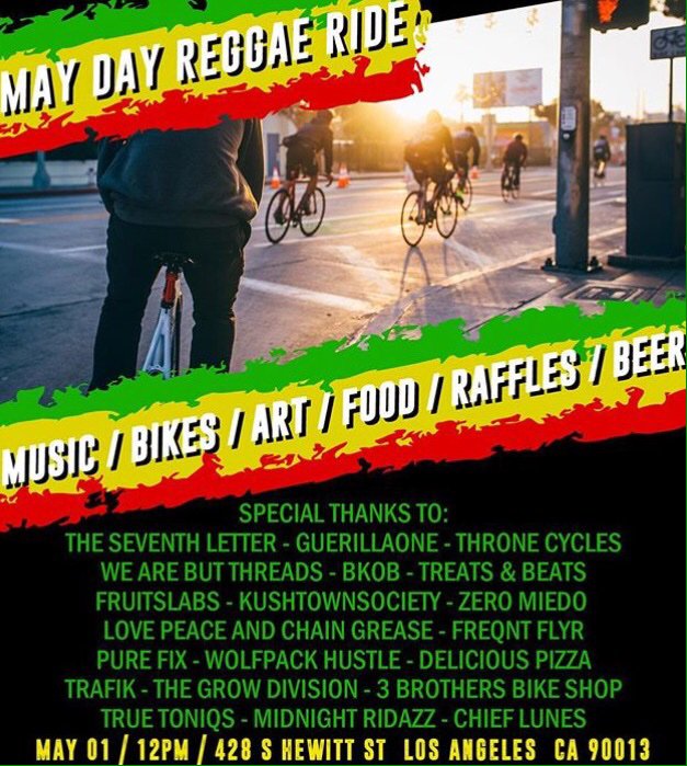 YO! Join our friends @theseventhletter <a href="/guerillaone/">GuerillaOne</a>  May Day Raggae Ride. Meets Noon at 428 S. Hewitt St. 90013