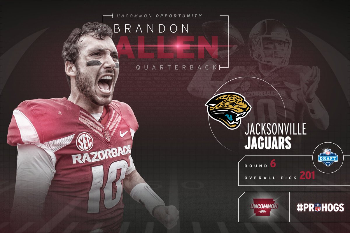 RazorbackFB's tweet photo. 🏈 @BrandonAllen_10 PICKED by the @Jaguars! LET'S GO! 

#ProHogs #NFLDraft https://t.co/d0HkvqUare