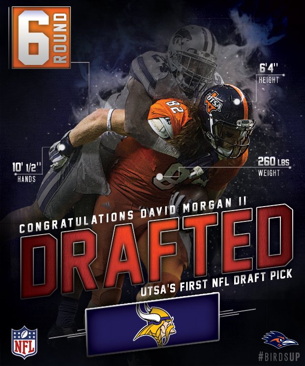 UTSAFTBL's tweet photo. Congratulations, David Morgan II @DMORG_82 - #UTSA's first-ever NFL Draft pick. @Vikings #BirdsUp https://t.co/h9JOvXlOiC