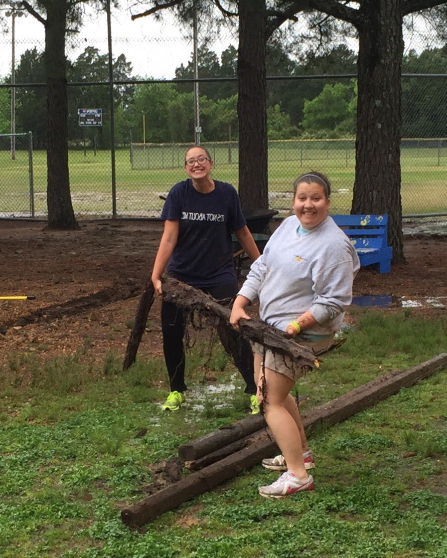 suptking's tweet photo. Ms. Currie and Ms. Paule working with the PTO on a wet Saturday to beautify OES!rockstarleaders https://t.co/kk0W2TXPlK