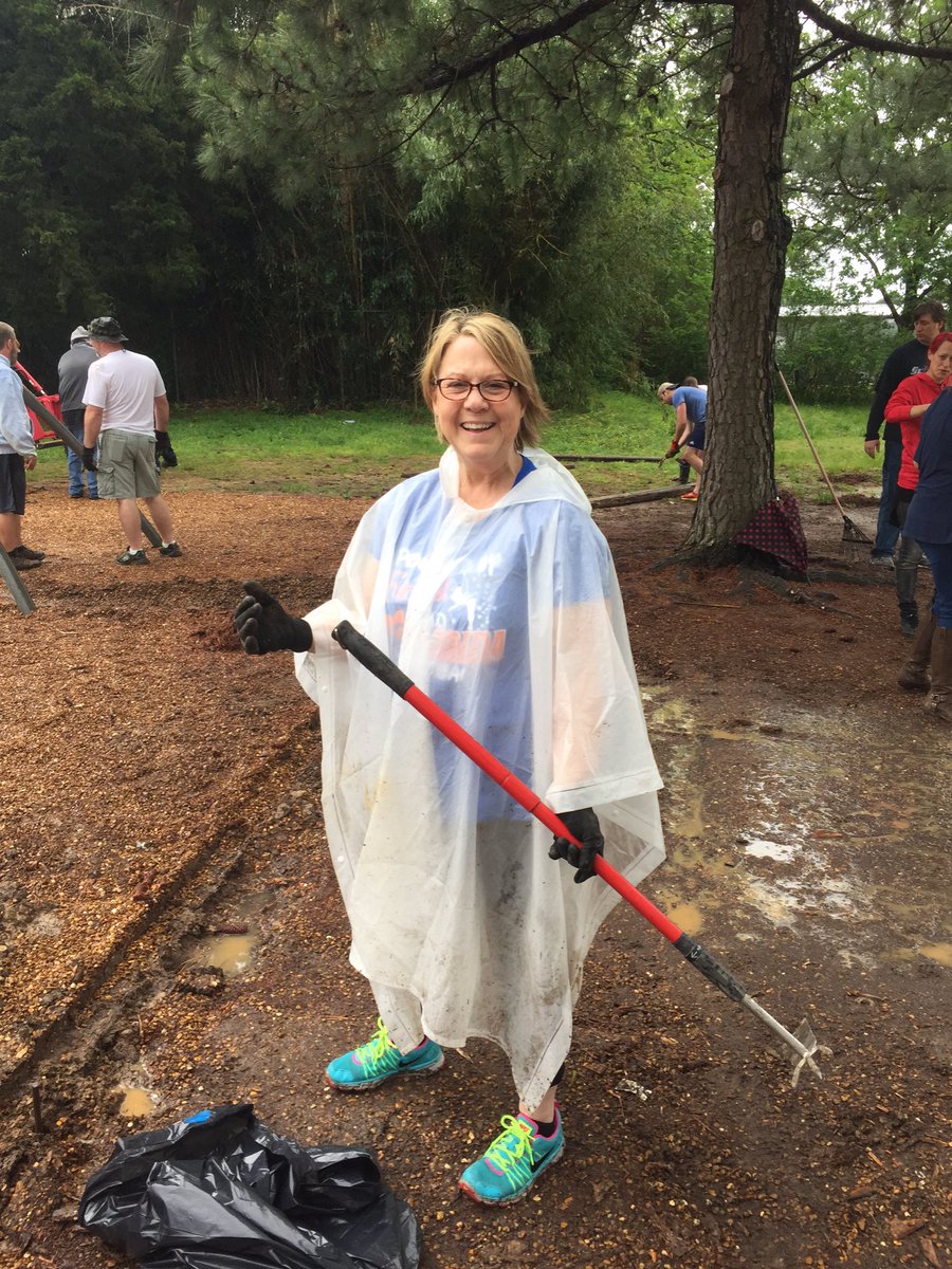 suptking's tweet photo. Ms. Currie and Ms. Paule working with the PTO on a wet Saturday to beautify OES!rockstarleaders https://t.co/kk0W2TXPlK