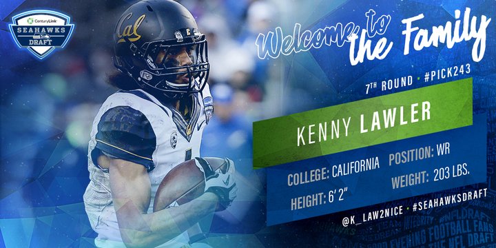 Seahawks's tweet photo. With #Pick243, #SeahawksDraft @CalFootball WR @K_Law2nice! 

Welcome to the family! https://t.co/xhdJlSVrfE