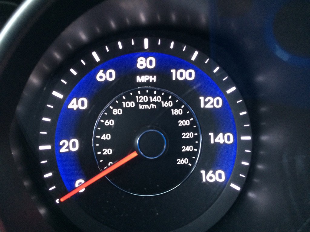 RussCurtis's tweet image. Positive thinking, car style: Compact Elantra rental car speedometer goes to 160 mph #notdoing