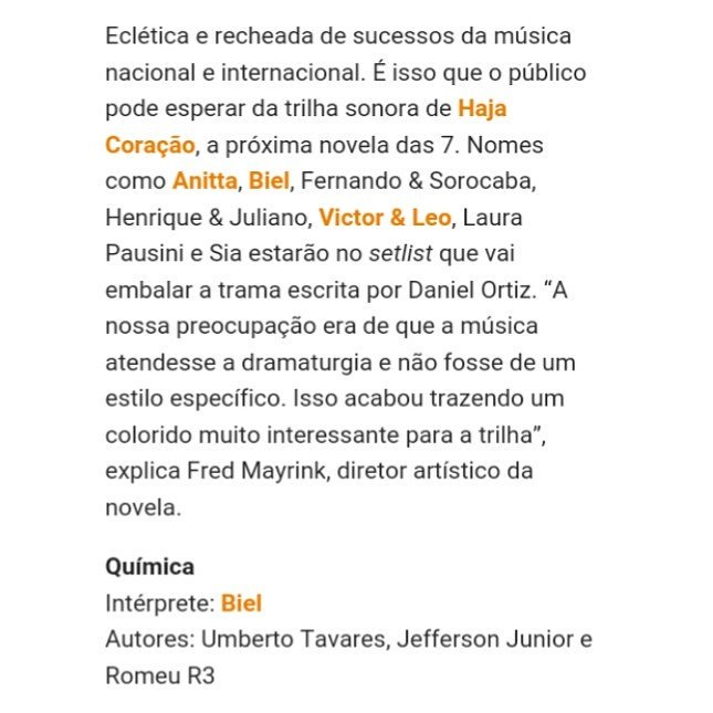 bieldailybr's tweet photo. "Química" está na Trilha sonora da próxima novela da Globo: "Haja Coração". https://t.co/Q9yQ0zomsV