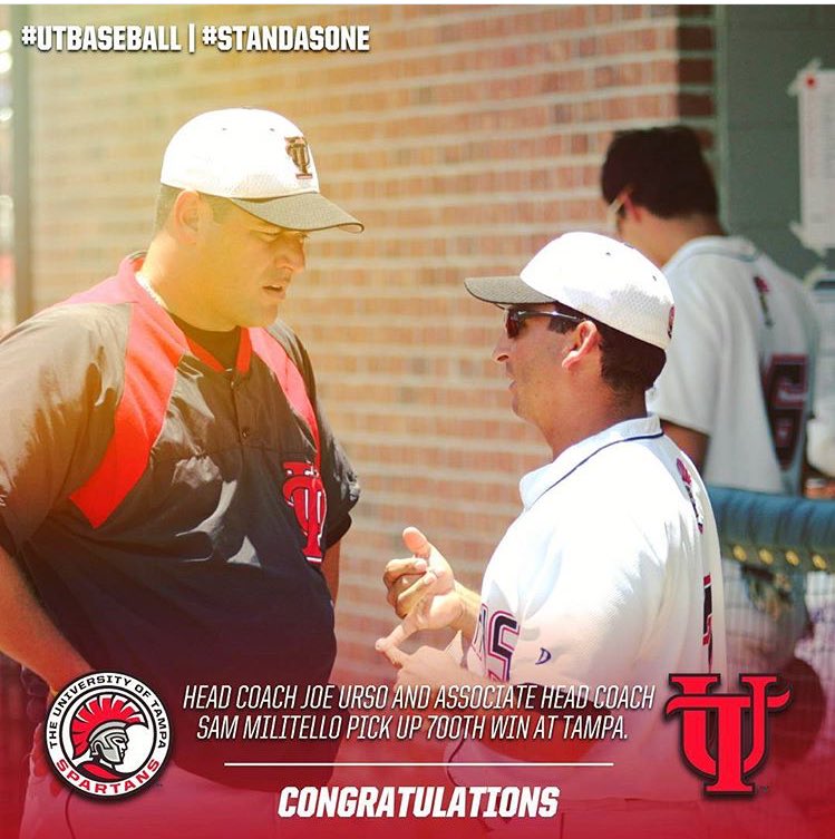 UTampaBaseball's tweet photo. Congrats to @JefeHerschel7 and @UTbull22 on their 700th win. #UTBaseball #StandAsOne #Spartans #OneBigFamily https://t.co/5mHjOqpz2X
