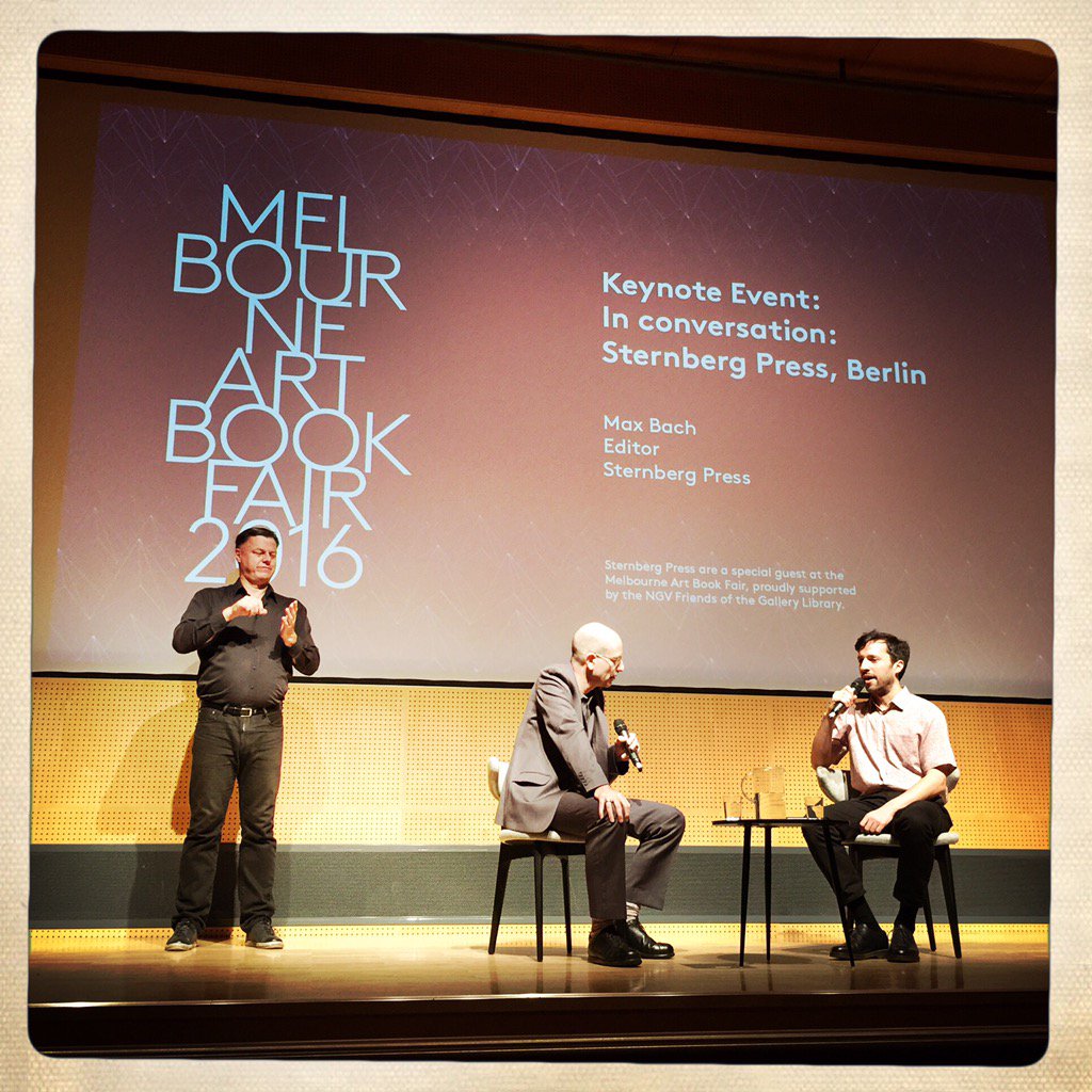 WMCavenett's tweet photo. Keynote #NGVABF - Max Bach, Editor Sternberg Press with @justindclemens https://t.co/HrFdz5FMKU