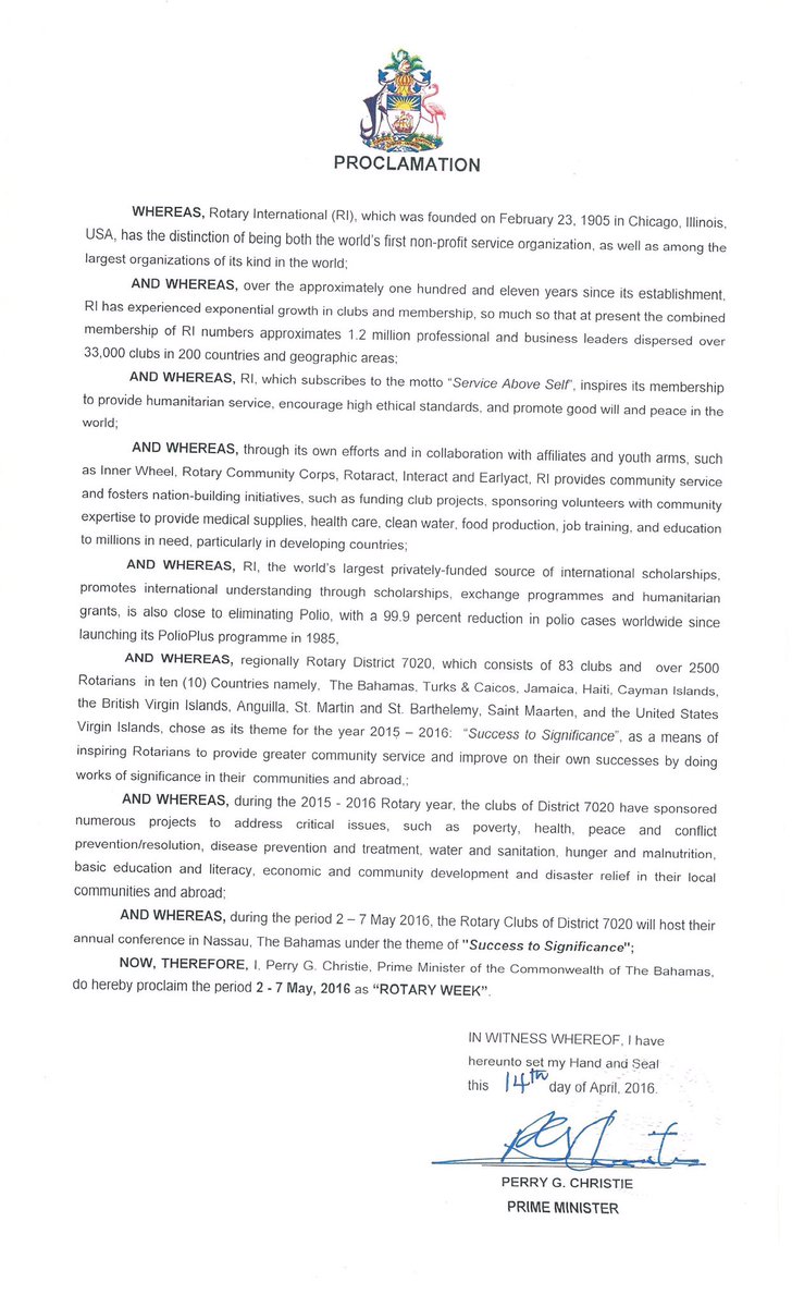 Cyarla's tweet photo. PROCLAMATION May 2-7, 2016 is #ROTARY WEEK in Bahamas District 7020 https://t.co/9FFBS4COYn  #unleashtheawesome7020 https://t.co/DenmkDAOpT