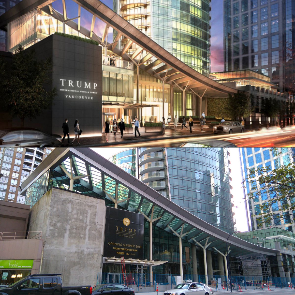 #RenderVsReality not bad apart from the massive horrible concrete block! #architecture #3D #Vancouver #Trump
