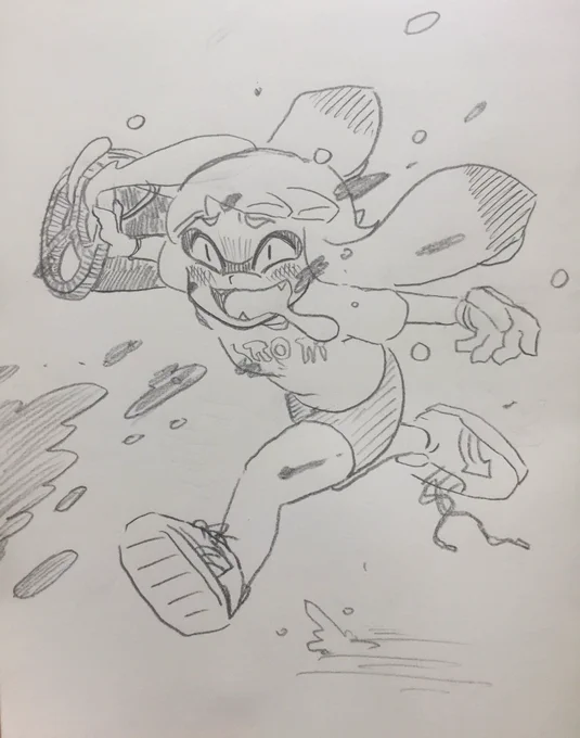@sakamegane 久々のスプラトゥーンイラストで最近のヒッセンマイイカ描いたらめちゃくちゃ筆が乗ったの図。私は味方が強くて押してる時は滅法強いけどちょっとでも劣勢になると焦ってゾンビプレイを始めて負けに貢献するイカです 