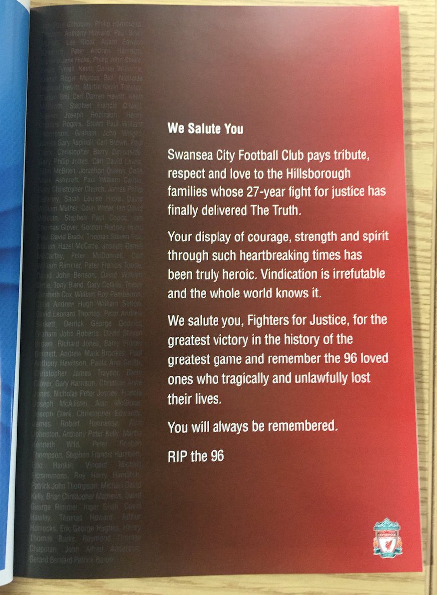 LFC's tweet photo. A touching gesture from @swansofficial in today's official match programme. https://t.co/pzHaZqsDPr