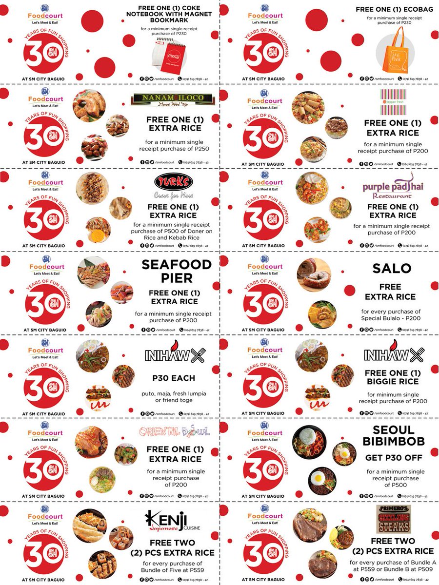 smcitybaguio's tweet photo. Avail of the FOODCOURT coupons from the redemption booth &amp; get MORE DISCOUNTS! #SMEats #SMBaguio3DaySale #SM30th https://t.co/I5t1E2UZOg