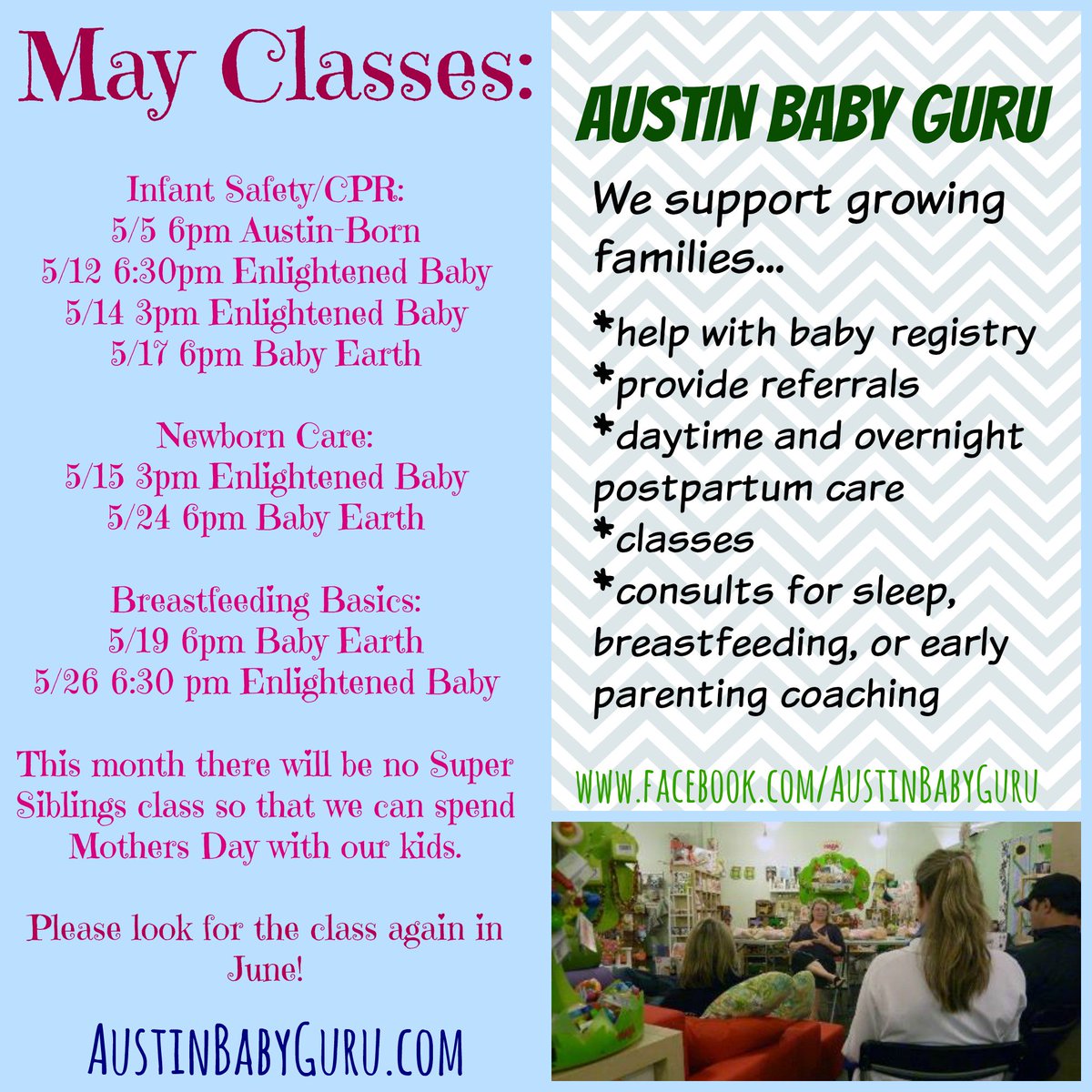 AustinBabyGuru's tweet photo. We have lots to offer in May!
How can we help you? #Baby #GetReadyforbaby #ppdoulas https://t.co/4vaX0iqQkU