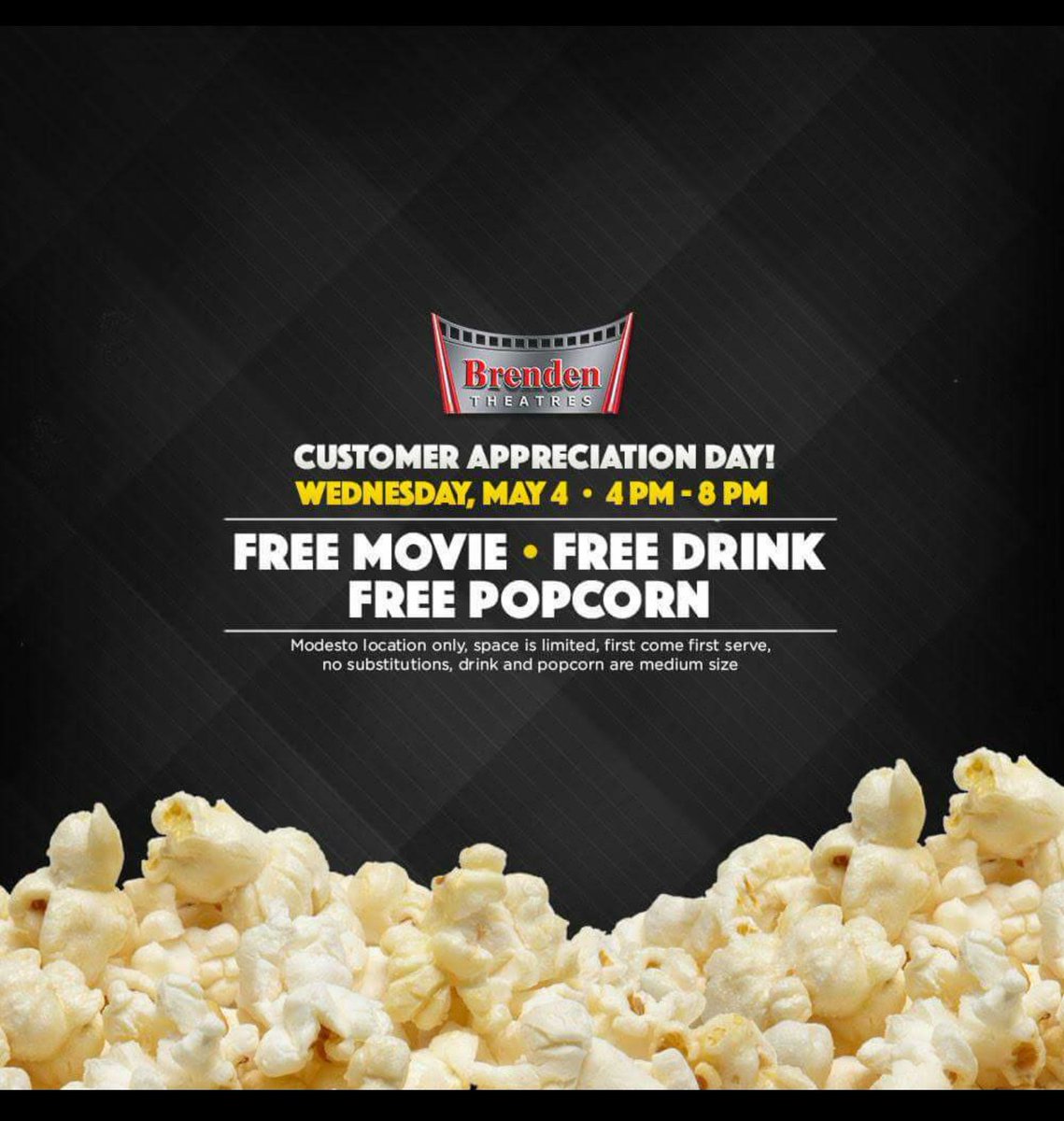 cityofmodesto's tweet photo. Free stuff...for you, and you, and you! May the 4th be with you. Thanks, Brenden Theatres! https://t.co/PWmhshMftz