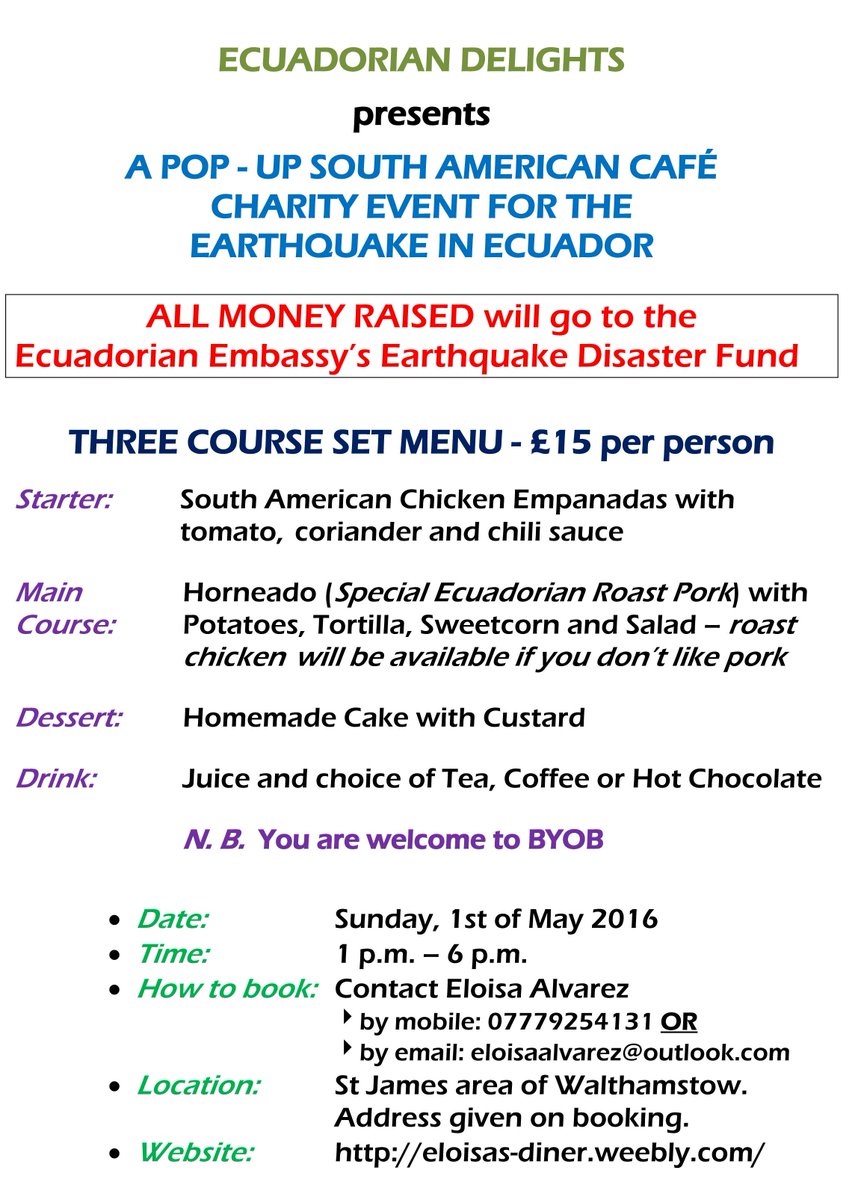 UncalmItalian #StillEU (@uncalmitalian) on Twitter photo Still dithering about Sunday lunch in #E17?
Go to delicious <a href="/eloisa260/">Ecuadorian Delights</a> pop up forf earthquake fund-details attached! Still dithering about Sunday lunch in #E17?
Go to delicious <a href="/eloisa260/">Ecuadorian Delights</a> pop up forf earthquake fund-details attached!