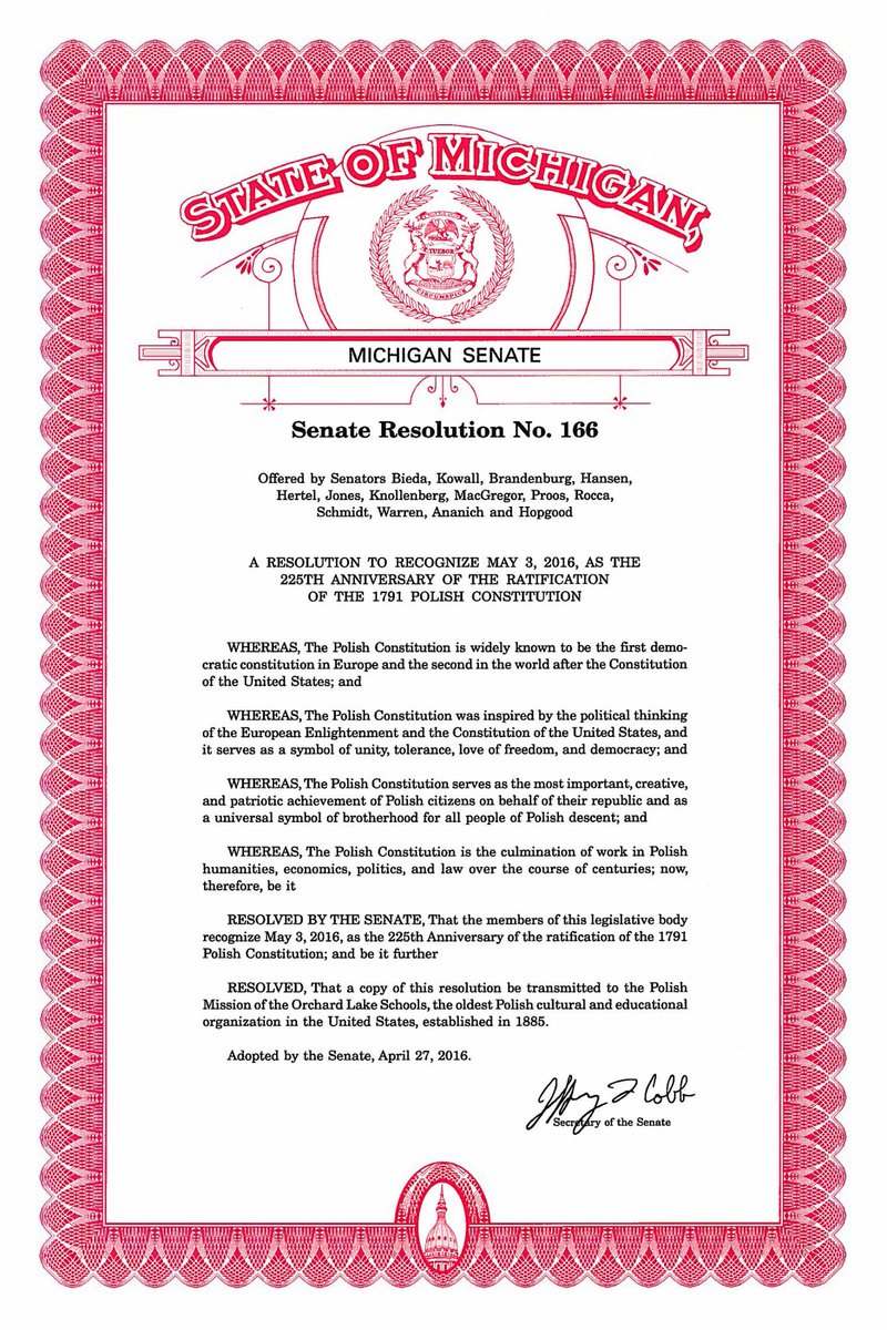MIPolish's tweet photo. !! ".@PolishEmbassyUS: #Michigan Senate recognizes the 225th Anniversary of the May 3rd Polish Constitution of 1791 https://t.co/uCDgDmhhAS”