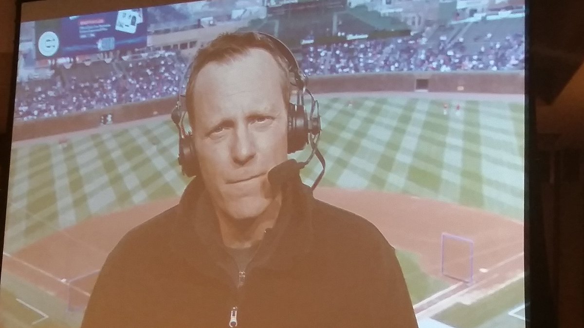 MUCommAlumni's tweet photo. Communicator of the Year:  Len Kasper, voice of the Chicago Cubs, receiving award remotely on the job! #MUDCCAA https://t.co/gHxmH6LjVj