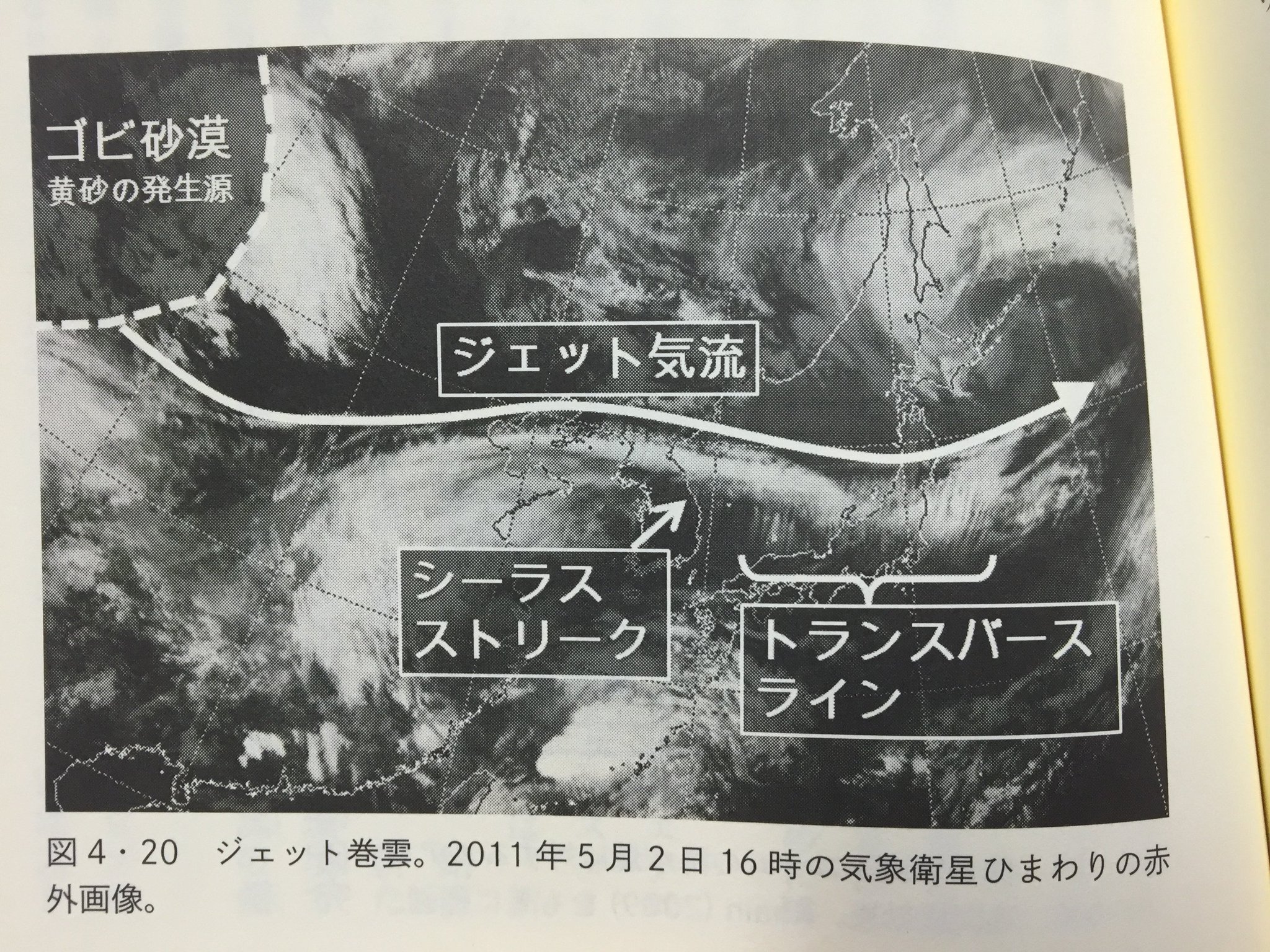 荒木健太郎 艦これ気象学 巻雲 巻雲は上空のジェット気流に沿って出来たりもします こういうのをジェット巻雲というんですが ジェットの向きに沿ってる シーラスストリークと 直交する向きのトランスバースラインあります 見かけたら衛星画像見ると